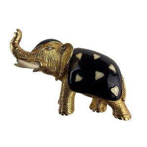 Ciner Gold Tone & Black Enamel Elephant Pin Brooch Rhinestone Accent Vintage